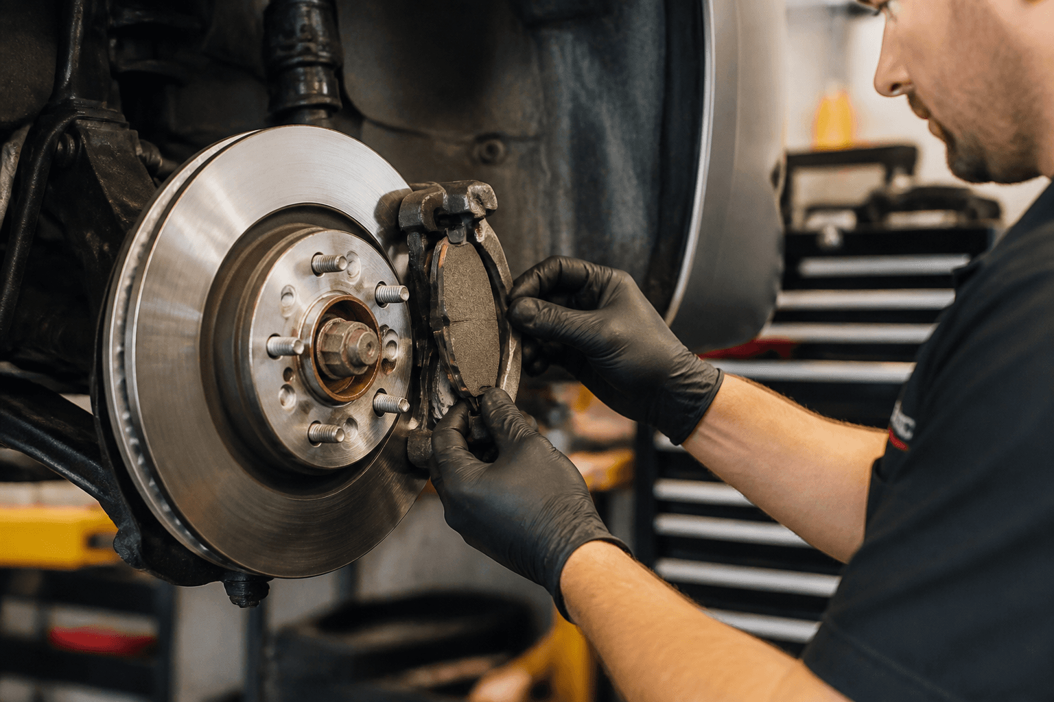 Technician performing brake service on a vehicle